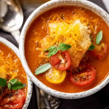 Roasted Tomato Soup with Cheesy Crouton Topper