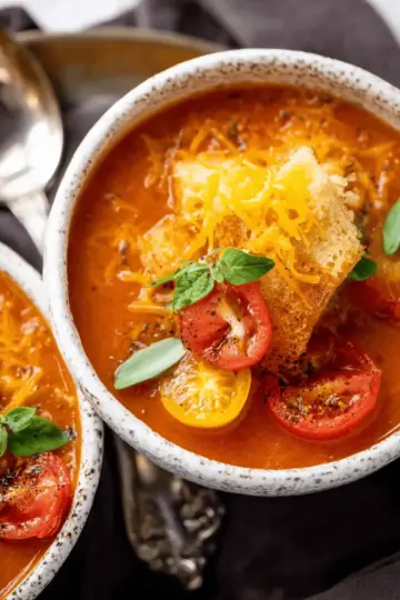 Roasted Tomato Soup with Cheesy Crouton Topper