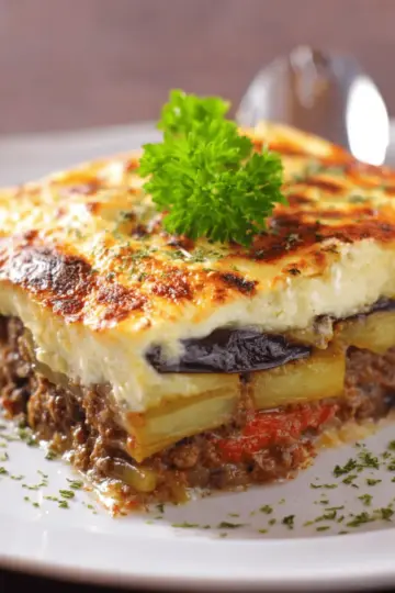 Traditional Moussaka recipe with eggplants (aubergines) and potatoes