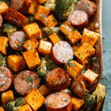 Sheet Pan Sausage and Sweet Potatoes with Honey Garlic Sauce