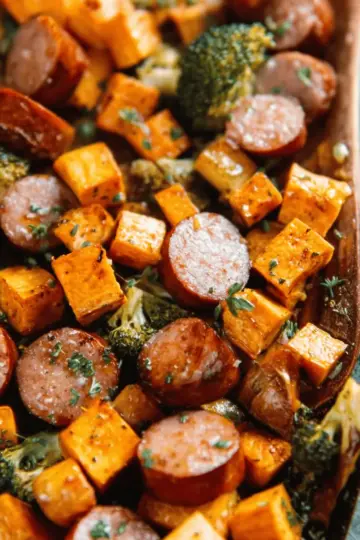 Sheet Pan Sausage and Sweet Potatoes with Honey Garlic Sauce