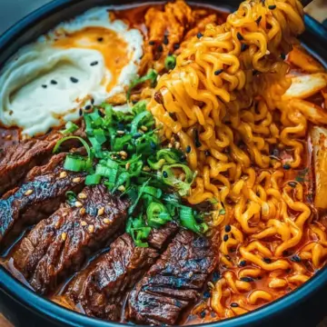 Spicy Korean Ramen with Grilled Beef & Creamy Sauce