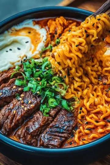 Spicy Korean Ramen with Grilled Beef & Creamy Sauce
