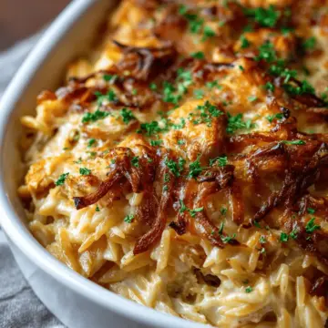 French Onion Chicken Orzo Casserole