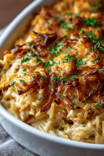 French Onion Chicken Orzo Casserole