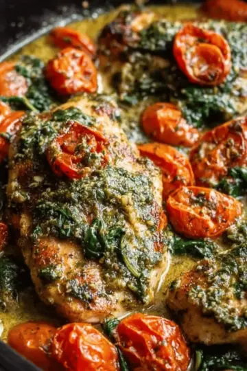 Creamy Pesto Chicken with Roasted Tomatoes & Spinach