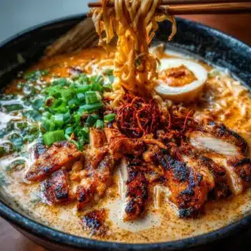 Fiery Chicken Ramen with Creamy Garlic Sauce
