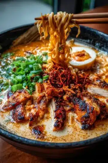 Fiery Chicken Ramen with Creamy Garlic Sauce
