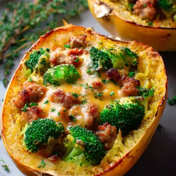 Stuffed Spaghetti Squash with Broccoli, Sausage, and Cheddar Cheese