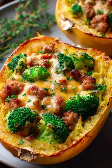 Stuffed Spaghetti Squash with Broccoli, Sausage, and Cheddar Cheese