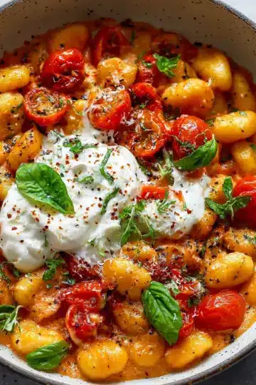 30 Minute Creamy Tomato Gnocchi with Burrata