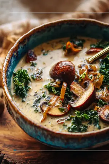 Wild Mushroom, Caramelized Onion and Kale Soup