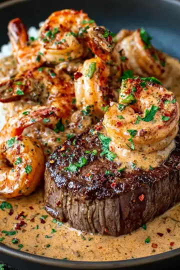 Steak in Creamy Cajun Shrimp Sauce
