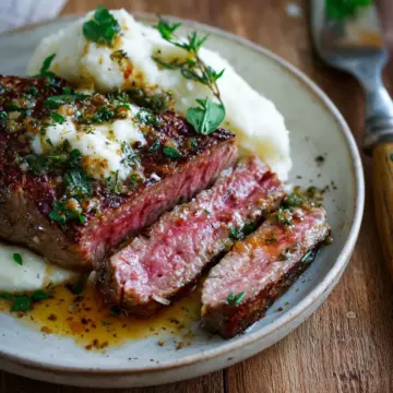 Brown Butter Steak with Roasted Garlic Whipped Cauliflowe