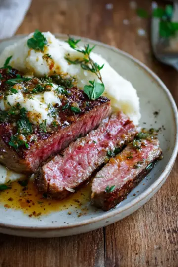 Brown Butter Steak with Roasted Garlic Whipped Cauliflowe