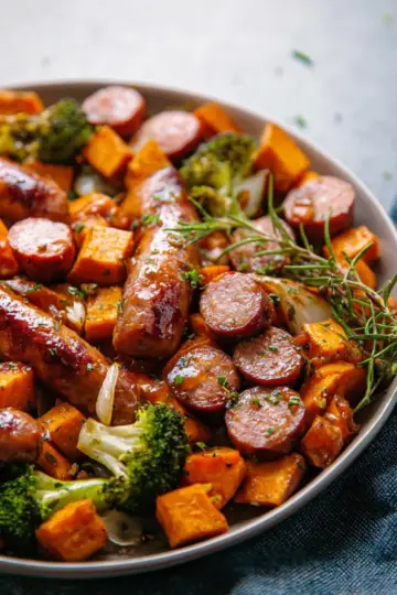 Sheet Pan Sausage and Sweet Potatoes with Honey Garlic Sauce