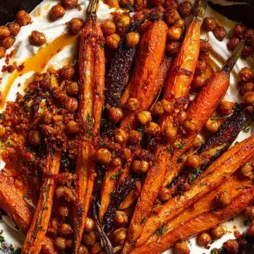 Spicy maple roast carrots with crispy chickpeas and yogurt sauce