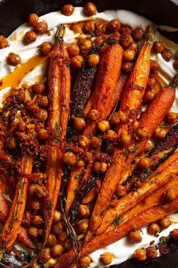 Spicy maple roast carrots with crispy chickpeas and yogurt sauce