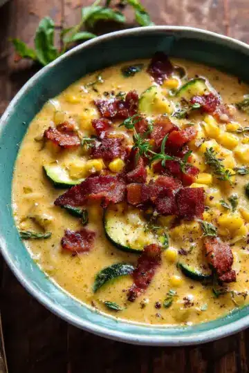 Creamy Corn, Zucchini, and Bacon Chowder