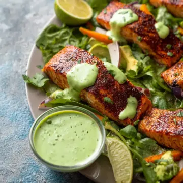 Cajun-Spiced Baked Salmon with Avocado Lime Sauce