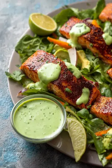 Cajun-Spiced Baked Salmon with Avocado Lime Sauce