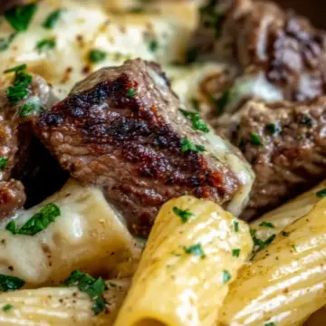 Garlic Butter Steak Tips with Cheesy Rigatoni Delight