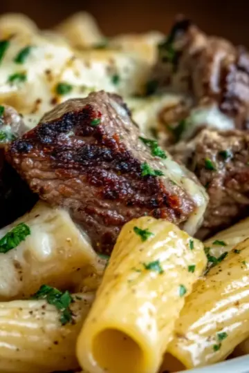 Garlic Butter Steak Tips with Cheesy Rigatoni Delight