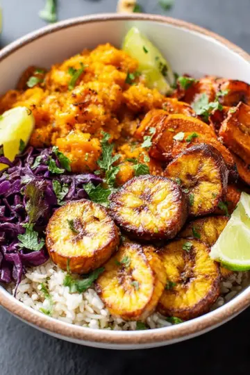 Roasted Plantain and Sweet Potato Rice Bowls