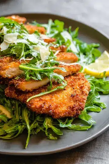 Crusted Chicken Romano Cutlets with Peppery Arugula Salad