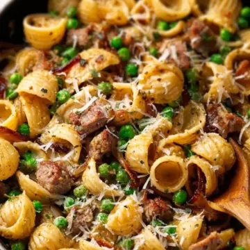 Sausage Pesto Pasta with Caramelized Onions and Peas