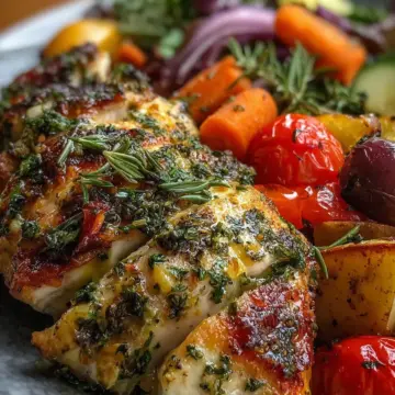 Garlic Herb Chicken with Roasted Vegetables and Salad