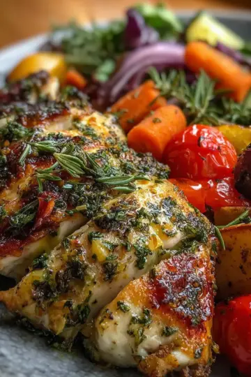 Garlic Herb Chicken with Roasted Vegetables and Salad