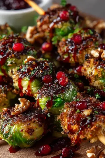 Walnut-Crusted Brussels Sprout Skewers with Cranberry Drizzle